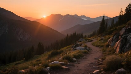 Sunset Over Mountain Range with Winding Trail