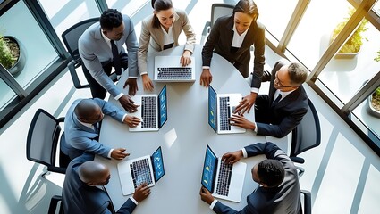 High angle view of a diverse business team in a modern office meeting, demonstrating successful corporate collaboration.