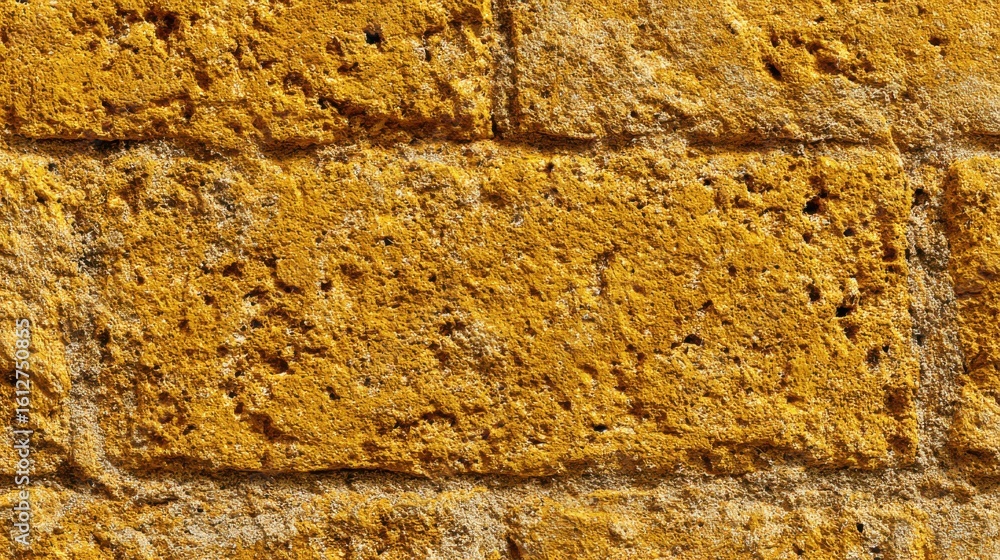 Poster a close-up view of a textured yellow stone wall highlighting the rough surface and unique patterns o