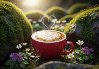 cup of coffee on green grass . Generative AI