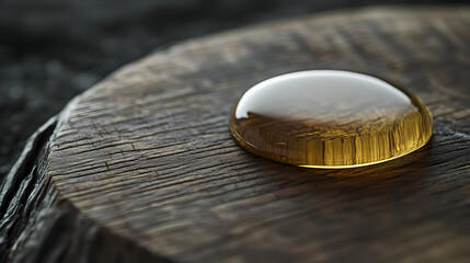 A single amber liquid droplet rests on a rough wooden surface.