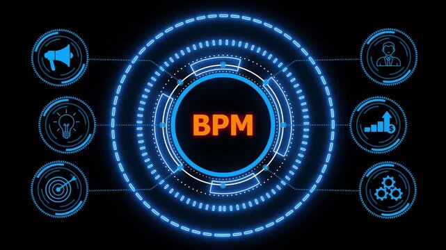 BPM Business process management system technology concept, glowing HUD visuals and icons for marketing, innovation, targeting, growth, user data, and automation.