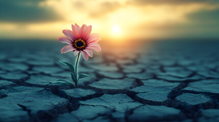 A single pink flower blooms from cracked earth beneath a sunset sky.