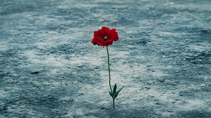 A single red flower blooms amidst a textured grey background.
