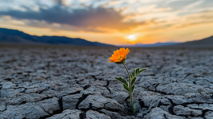 A single flower blooms in cracked earth under a sunset sky.