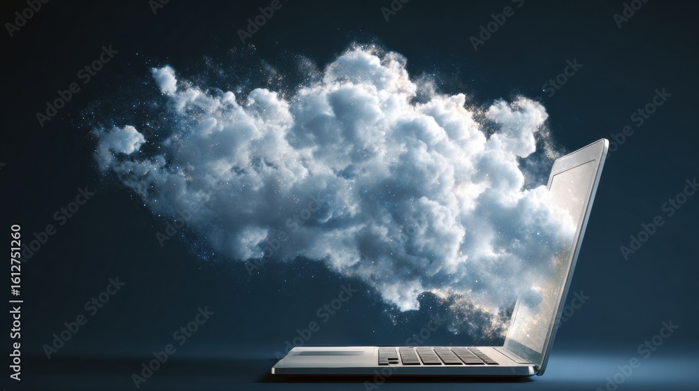 Poster floating thoughts emerge from an open laptop, creating a surreal visual of imagination and creativit