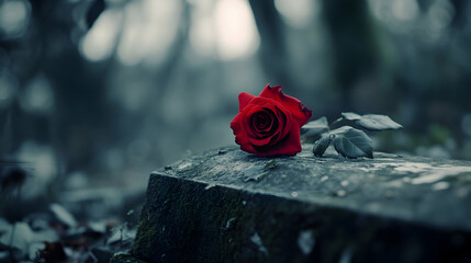 A single red rose rests on a weathered stone outdoors in a blurred setting.