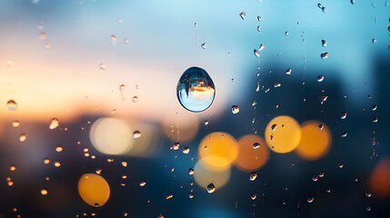 Raindrops on glass with blurred lights and a soft sunset sky in background.