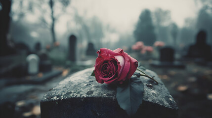 A red rose rests on a tombstone in a foggy cemetery setting.
