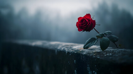 A single red rose sits atop a stone wall against a misty background.