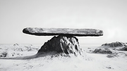 A large stone slab balanced on a smaller rock formation in a desolate landscape.