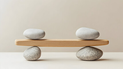 Stones balanced on a wooden plank against a neutral background.