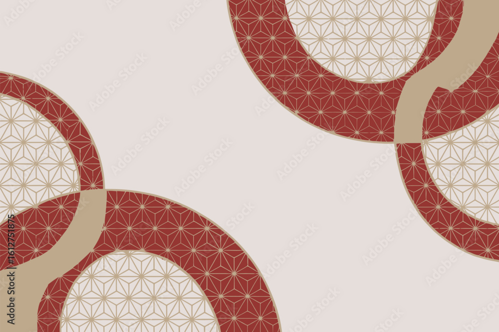 Poster geometric pattern with circles and triangles in red and beige on a light background creating a desig