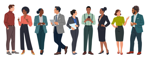 Different business team members standing, talking, communicating, taking part in business activities, meeting, brainstorming, coffee break. Multiracial people vector illustrations isolated.