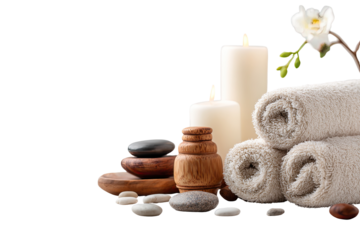 Spa still life with candles, towels, and stones