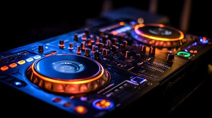 Obraz premium Close-up of a professional dj mixer with illuminated controls.