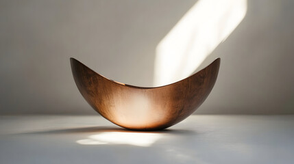 Wooden bowl on a white surface with sunlight casting a shadow.