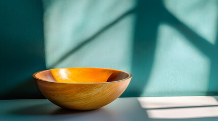Wooden bowl sits on a surface with a teal wall and shadow in background.