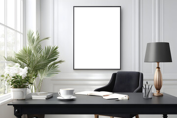 A modern office space featuring a blank framed poster above a desk with various office supplies