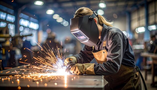 A female welder works diligently, sparks flying, in an industrial setting