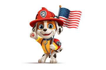 Cartoon firefighter dog holding US flag for Labor Day