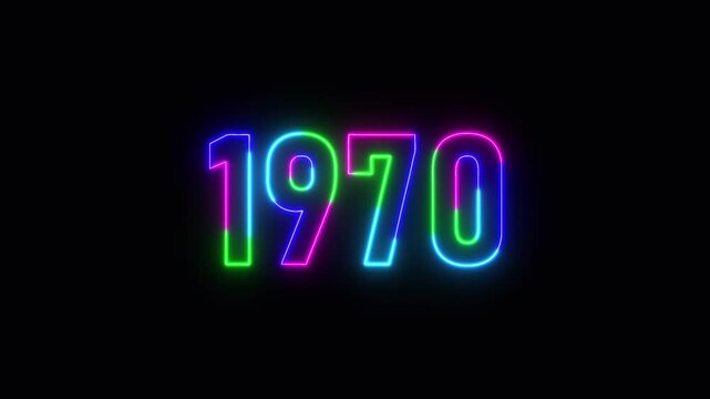  1970 neon line text. Abstract 1970 neon text animation ,For neon color Glowing neon number text background 4k video animation .Digital font against a dark background with neon line looping animation.
