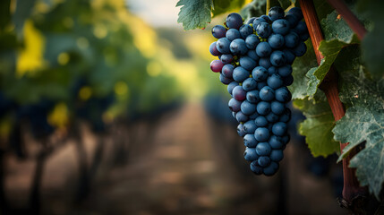 A bunch of ripe grapes hangs in a vineyard with rows of vines.