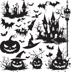 Spooky Halloween vector illustration set with pumpkins, bats, ghosts, and a haunted castle background under an autumn moonlit night