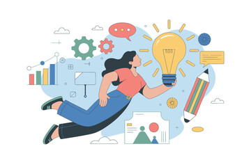 Woman floating with lightbulb and pencil surrounded by graphs and gears in a creative environment