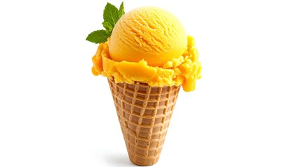 A single scoop of vibrant yellow ice cream, melting slightly, sits atop a crisp waffle cone, garnished with a sprig of mint against a stark white backdrop