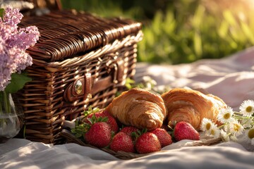 Serene Picnic Scene with Strawberries, Croissants, and a Rustic Basket Surrounded by Flowers