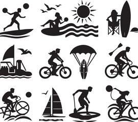 A bundle of 9 summer vacation silhouette icons in black and white. Includes suitcases, sunglasses, 