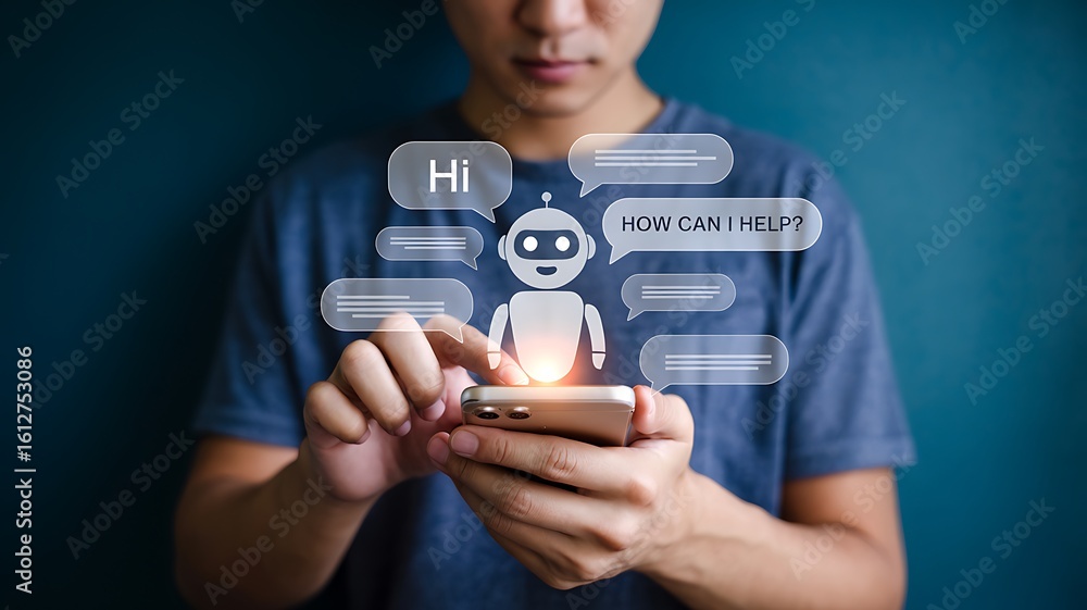 Poster person interacting with chatbot on smartphone displaying conversation bubbles artificial intelligenc