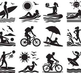 A bundle of 9 summer vacation silhouette icons in black and white. Includes suitcases, sunglasses, 