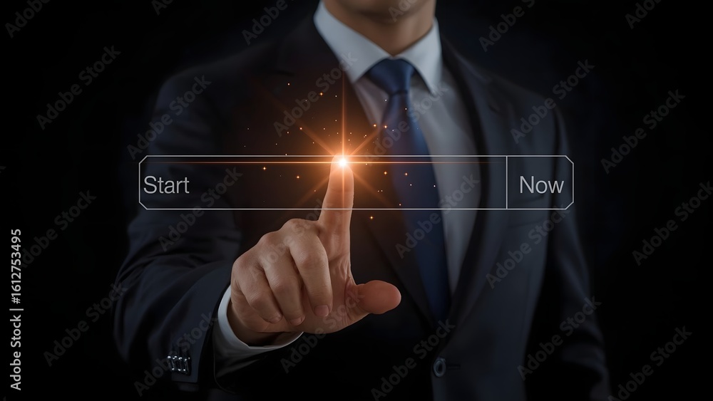 Poster businessman initiating data transfer or system process, indicated by a glowing orange loading progre