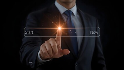 Businessman initiating data transfer or system process, indicated by a glowing orange loading progress bar on a futuristic interface. 
