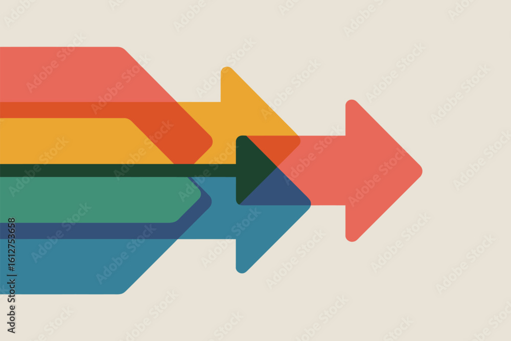 Poster a series of overlapping colorful arrows pointing to the right on a light beige background design ele