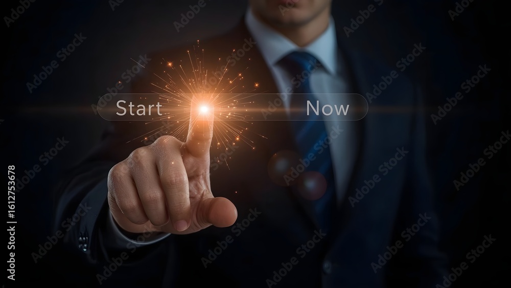 Poster businessman initiating data transfer or system process, indicated by a glowing orange loading progre