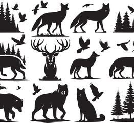 Animal silhouettes collection in black vector style featuring wild and farm mammals