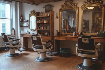 Wooden floors, elaborate gold mirrors, vintage barber chairs, and vintage styling items neatly arranged on wooden shelves characterize this vintage-inspired hair parlor.