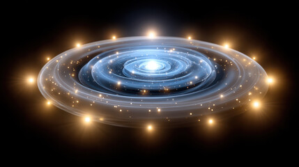 Spiral galaxy with glowing stars and swirling light rings creating mesmerizing cosmic scene in space