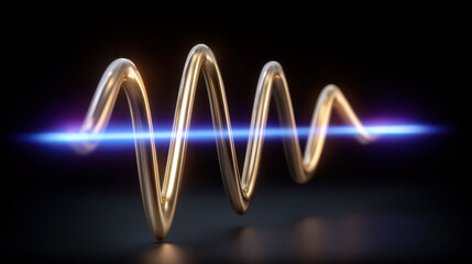 Golden waveform with glowing blue light effect on dark background creating futuristic and dynamic visual impression