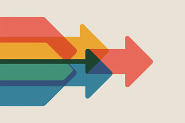 A series of overlapping colorful arrows pointing to the right on a light beige background design element