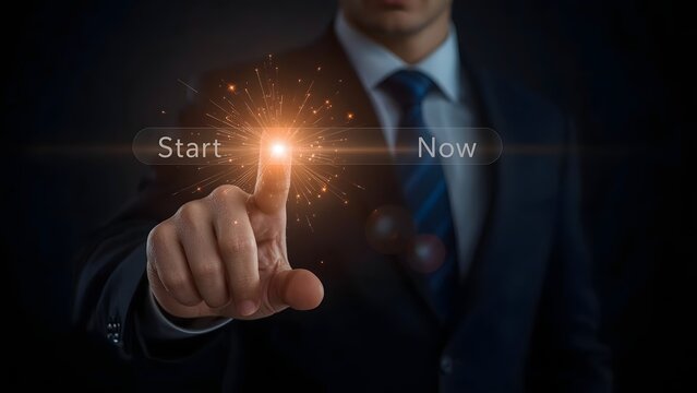 Businessman initiating data transfer or system process, indicated by a glowing orange loading progress bar on a futuristic interface. 
