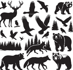 Animal silhouettes collection in black vector style featuring wild and farm mammals