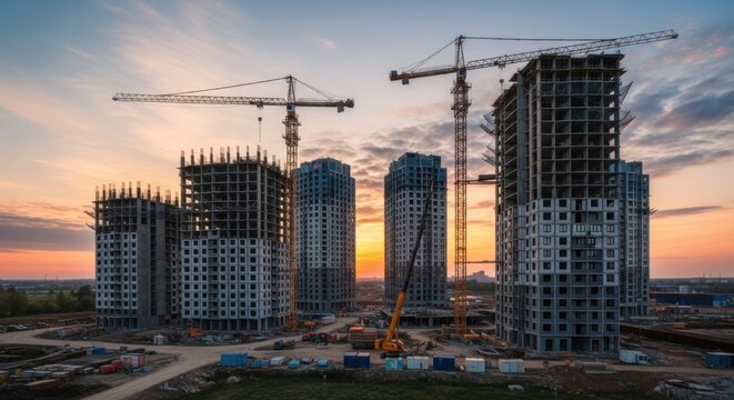 Skyscrapers under construction against a dramatic sunset sky with cranes