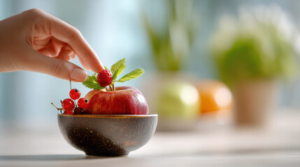 Hand picking red apple from small white bowl with garnish perfect for health food promotions organic lifestyle and diet campaign visuals