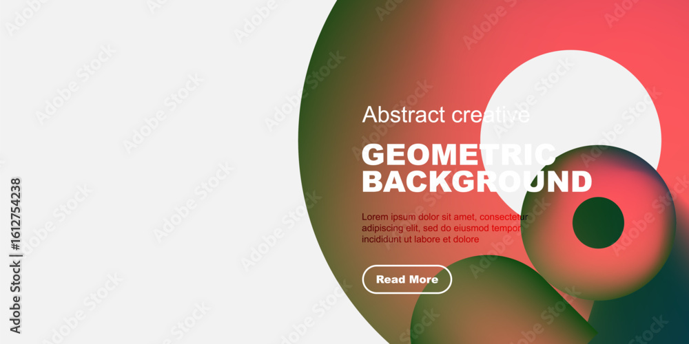 Poster abstract design features vibrant overlapping shapes, text, button. modern aesthetic with dark backgr