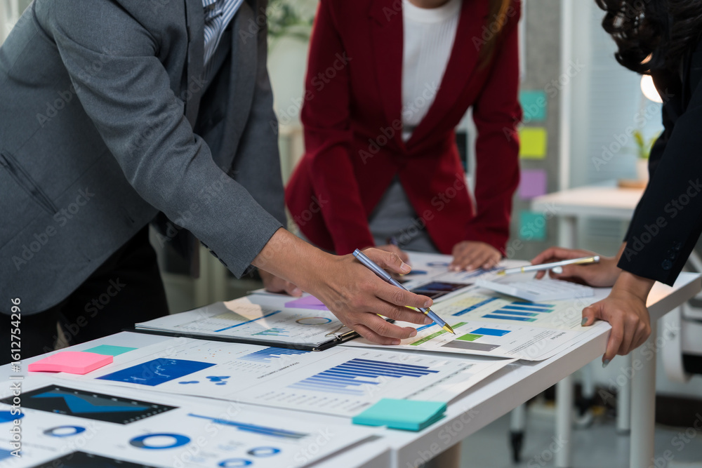 Poster business team analyzing marketing strategies through charts and graphs while investment advisors con
