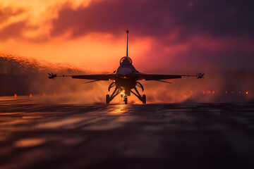 A powerful F-16 fighter jet taking off from a runway during a dramatic sunset